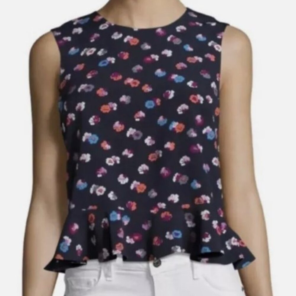 REBECCA TAYLOR Blouse Top Navy Floral Peplum Size 8 Sleeveless Back Zipper